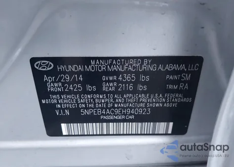 2014 Hyundai Sonata Gls z USA, uszkodzony, nr VIN 5NPEB4AC9EH940923